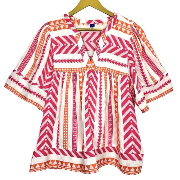 Old Navy Western Short Sleeve Textured V-Neck Tunic Size L Navajo Pink Orange - Picture 1 of 7